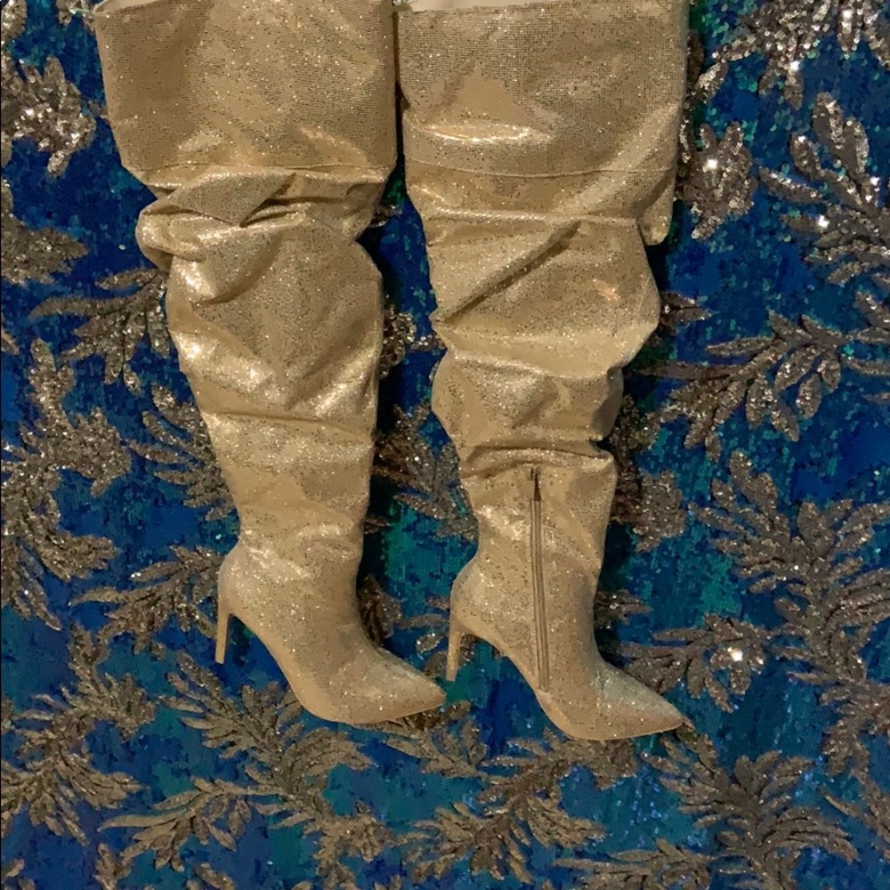 Gold Thigh High Heeled Boots